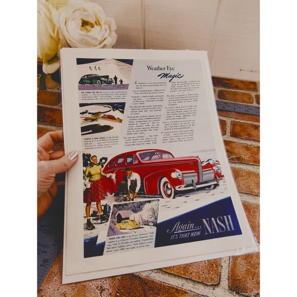 1940 Vintage Nash Red Car Print Ad with Couple Ice Skating on Pond 21.25mpg - Picture 3 of 10